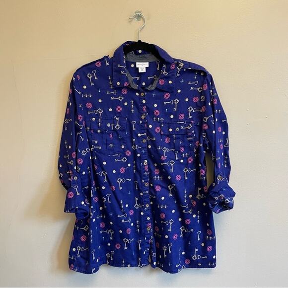 Jaclyn Smith XL long sleeve button down blouse business casual key fleur de lis - Picture 1 of 7